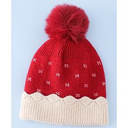 Babyhug Woollen Cap & Sets With Floral Design Red - Diameter 18.5 cm
