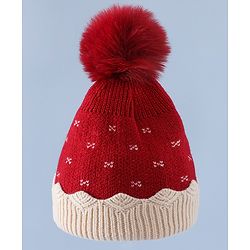 Babyhug Woollen Cap & Sets With Floral Design Red - Diameter 18.5 cm
