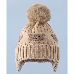 Babyhug Woollen Cap & Sets With Bear Detailing in Khaki - Diameter 19 cm