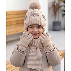 Babyhug Woollen Cap & Sets With Bear Detailing in Khaki - Diameter 19 cm