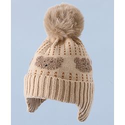 Babyhug Woollen Cap & Sets With Bear Detailing in Khaki - Diameter 19 cm