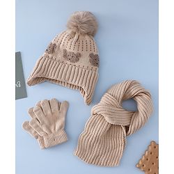 Babyhug Woollen Cap & Sets With Bear Detailing in Khaki - Diameter 19 cm