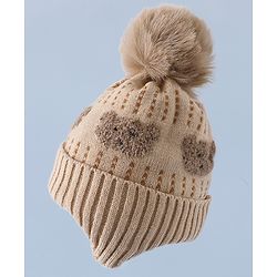 Babyhug Woollen Cap & Sets With Bear Detailing in Khaki - Diameter 19 cm