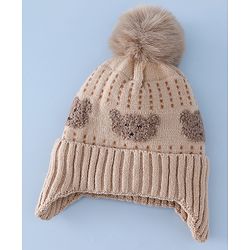 Babyhug Woollen Cap & Sets With Bear Detailing in Khaki - Diameter 19 cm