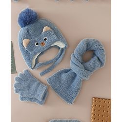 Babyhug Woollen Cap & Sets With Cat Detailing In Blue - Diameter 18 cm