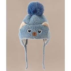 Babyhug Woollen Cap & Sets With Cat Detailing In Blue - Diameter 18 cm