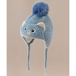 Babyhug Woollen Cap & Sets With Cat Detailing In Blue - Diameter 18 cm