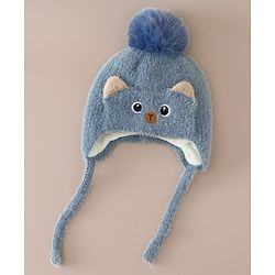 Babyhug Woollen Cap & Sets With Cat Detailing In Blue - Diameter 18 cm