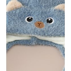 Babyhug Woollen Cap & Sets With Cat Detailing In Blue - Diameter 18 cm