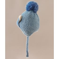 Babyhug Woollen Cap & Sets With Cat Detailing In Blue - Diameter 18 cm
