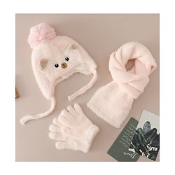 Babyhug Woollen Cap & Sets With Cat Detailing In Blue - Diameter 18 cm