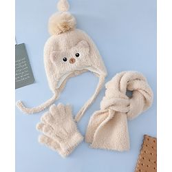 Babyhug Woollen Cap & Sets With Cat Detailing In Blue - Diameter 18 cm
