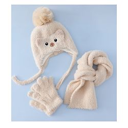 Babyhug Woollen Cap & Sets With Cat Detailing In Blue - Diameter 18 cm