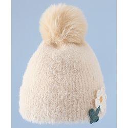 Babyhug Woollen Cap & Sets WIth Floral Applique in Khaki - Diameter 18 cm