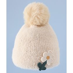 Babyhug Woollen Cap & Sets WIth Floral Applique in Khaki - Diameter 18 cm