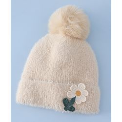 Babyhug Woollen Cap & Sets WIth Floral Applique in Khaki - Diameter 18 cm