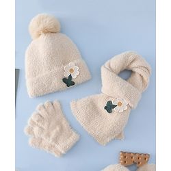 Babyhug Woollen Cap & Sets WIth Floral Applique in Khaki - Diameter 18 cm