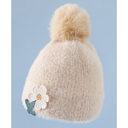 Babyhug Woollen Cap & Sets WIth Floral Applique in Khaki - Diameter 18 cm