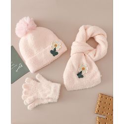 Babyhug Woollen Cap & Sets WIth Floral Applique in Khaki - Diameter 18 cm