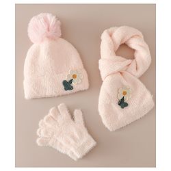 Babyhug Woollen Cap & Sets WIth Floral Applique in Khaki - Diameter 18 cm
