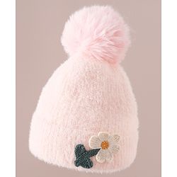 Babyhug Woollen Cap & Sets WIth Floral Applique in Khaki - Diameter 18 cm
