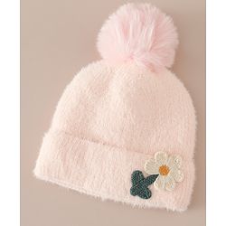 Babyhug Woollen Cap & Sets WIth Floral Applique in Khaki - Diameter 18 cm