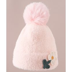 Babyhug Woollen Cap & Sets WIth Floral Applique in Khaki - Diameter 18 cm