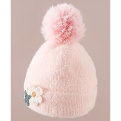 Babyhug Woollen Cap & Sets WIth Floral Applique in Khaki - Diameter 18 cm