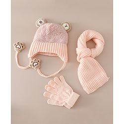Babyhug Woollen Cap & Sets With Paw detailing in Pink - Diameter 19.5 cm