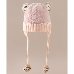 Babyhug Woollen Cap & Sets With Paw detailing in Pink - Diameter 19.5 cm