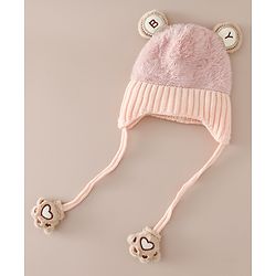Babyhug Woollen Cap & Sets With Paw detailing in Pink - Diameter 19.5 cm