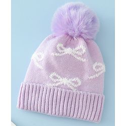 Babyhug Woollen Cap with Bow Print - Purple