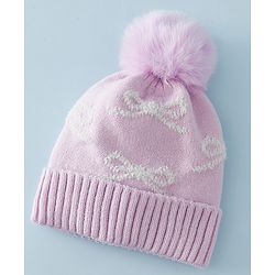 Babyhug Woollen Cap with Bow Print - Purple
