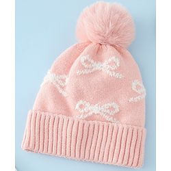 Babyhug Woollen Cap with Bow Print - Purple