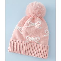 Babyhug Woollen Cap with Bow Print - Purple