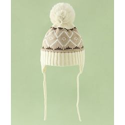 Babyhug Woollen Cap with Knot & Pom Pom with Geometric Design Khaki - Diameter 18.5 cm