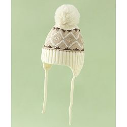 Babyhug Woollen Cap with Knot & Pom Pom with Geometric Design Khaki - Diameter 18.5 cm