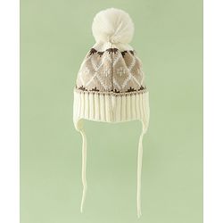 Babyhug Woollen Cap with Knot & Pom Pom with Geometric Design Khaki - Diameter 18.5 cm