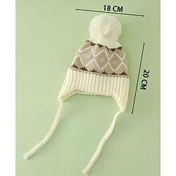 Babyhug Woollen Cap with Knot & Pom Pom with Geometric Design Khaki - Diameter 18.5 cm