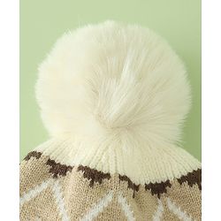 Babyhug Woollen Cap with Knot & Pom Pom with Geometric Design Khaki - Diameter 18.5 cm