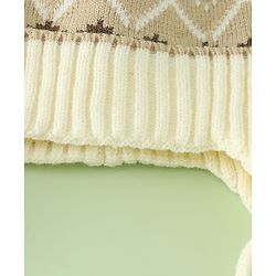 Babyhug Woollen Cap with Knot & Pom Pom with Geometric Design Khaki - Diameter 18.5 cm