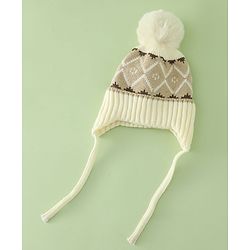 Babyhug Woollen Cap with Knot & Pom Pom with Geometric Design Khaki - Diameter 18.5 cm