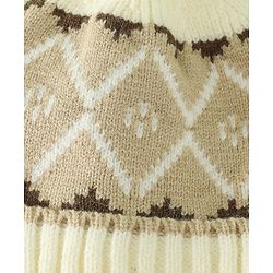Babyhug Woollen Cap with Knot & Pom Pom with Geometric Design Khaki - Diameter 18.5 cm