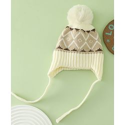 Babyhug Woollen Cap with Knot & Pom Pom with Geometric Design Khaki - Diameter 18.5 cm