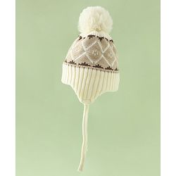 Babyhug Woollen Cap with Knot & Pom Pom with Geometric Design Khaki - Diameter 18.5 cm