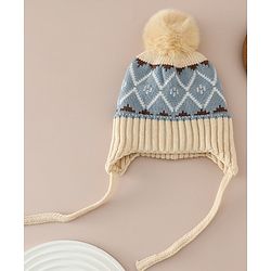 Babyhug Woollen Cap with Knot & Pom Pom with Geometric Design Khaki - Diameter 18.5 cm