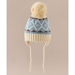 Babyhug Woollen Cap with Knot & Pom Pom with Geometric Design Khaki - Diameter 18.5 cm