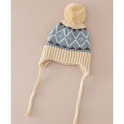 Babyhug Woollen Cap with Knot & Pom Pom with Geometric Design Khaki - Diameter 18.5 cm
