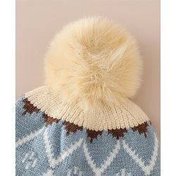 Babyhug Woollen Cap with Knot & Pom Pom with Geometric Design Khaki - Diameter 18.5 cm