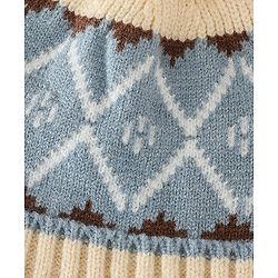 Babyhug Woollen Cap with Knot & Pom Pom with Geometric Design Khaki - Diameter 18.5 cm